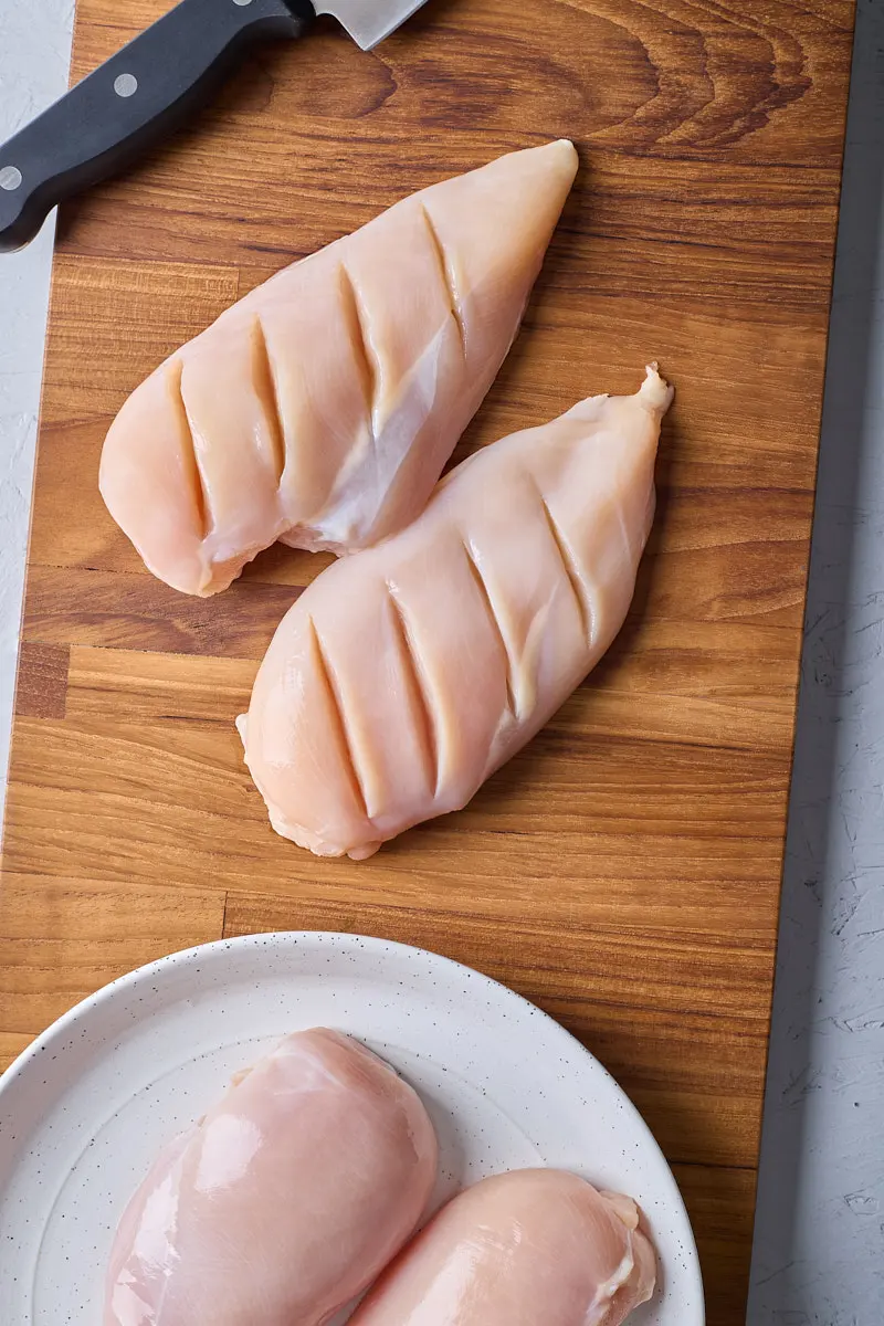 Nice cut the chicken breasts will help cook more evenly.